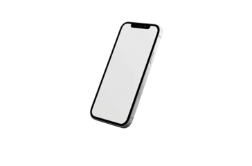 A modern smartphone with a blank screen.  The device is angled slightly and floats against a black background.  Its frame is a light gray