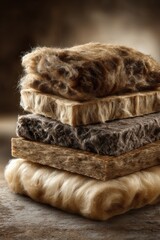 Obraz premium This image showcases a stacked arrangement of various textured materials, perfect for illustrating concepts of comfort, insulation, or textile design, Ideal for use in fashion, interior design
