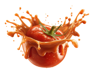 A vibrant tomato immersed in a rich, orange-red juice splash