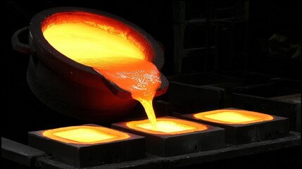Molten metal is poured from a crucible into molds, illustrating the process of metal casting, This image can be used in manufacturing, metallurgy