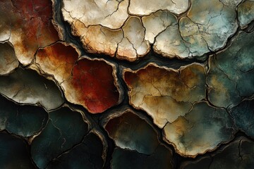 Obraz premium Abstract image of cracked, textured surface with dark, earthy tones and irregular shapes.