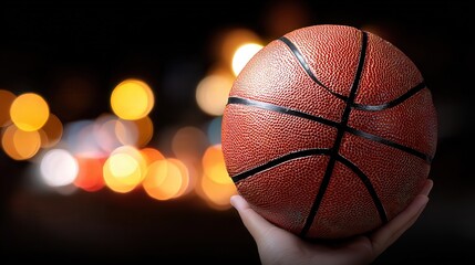 A close-up of a hand holding a basketball against a blurred, festive background of lights, perfect for sports-related themes, marketing campaigns, or motivational content,