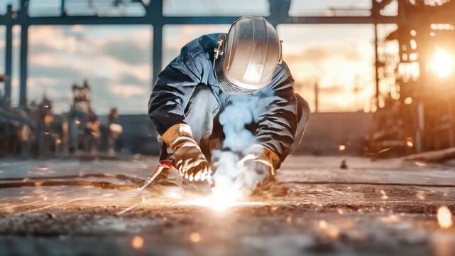 A skilled welder wearing protective gear works with precision in an industrial setting, creating sparks against a backdrop of dramatic lighting