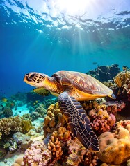 Obraz premium Sea turtle on coral reef, sunbeams