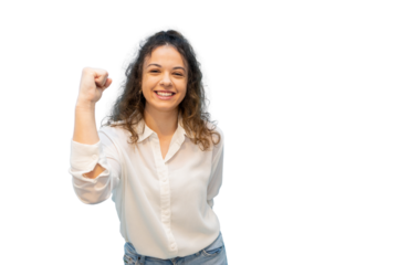 Excited young business woman raising fist in celebration, expressing joy and success on a transparent background