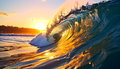 Golden sunset wave breaking in the ocean