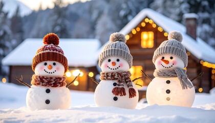 Three snowmen in winter wonderland