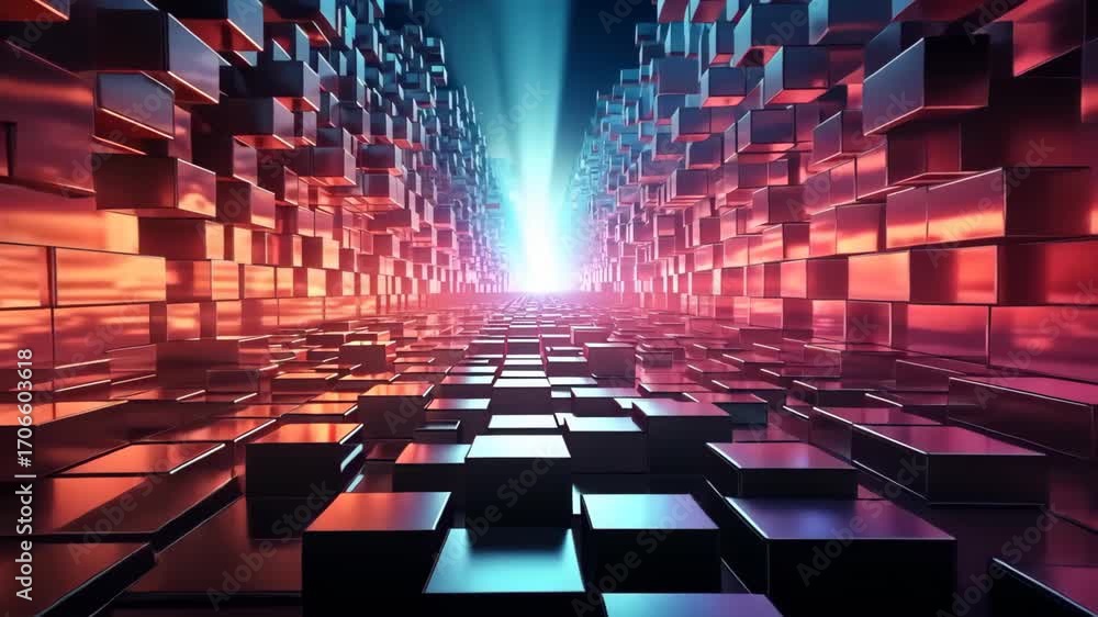 Poster digital gateway: an abstract composition of metallic cubes guides the viewer's gaze to a radiant por
