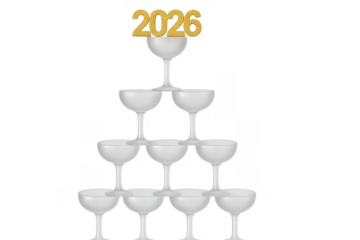 Pyramid of champagne glasses with 2026 sign on transparent background