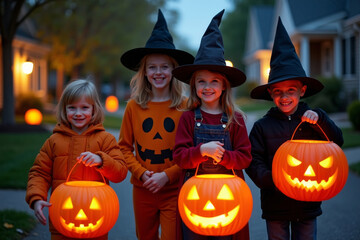 Fototapeta premium Group of children in Halloween costumes with candy buckets. Kids celebrating Halloween night with pumpkins. Happy kids trick or treating.
