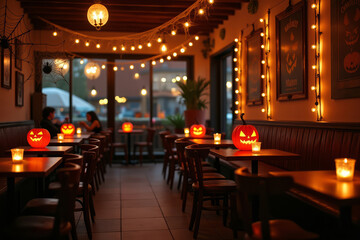 Restaurant table with Halloween pumpkins and candles. Dining table decorated for Halloween. Cozy evening with spooky decor.