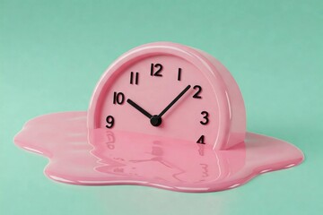 A clock melting into a pink puddle, a surreal visual of time slipping away. A concept photo for deadlines, procrastination, time management, and the passage of time.