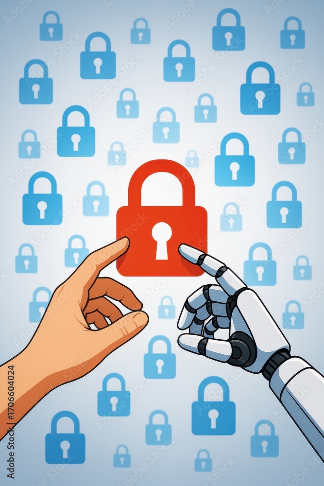 Aufkleber human and robot hand interacting with digital lock symbol representing security and innovation