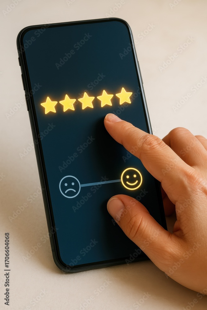 Poster hand interacting with smartphone displaying star rating system and emoticons for feedback