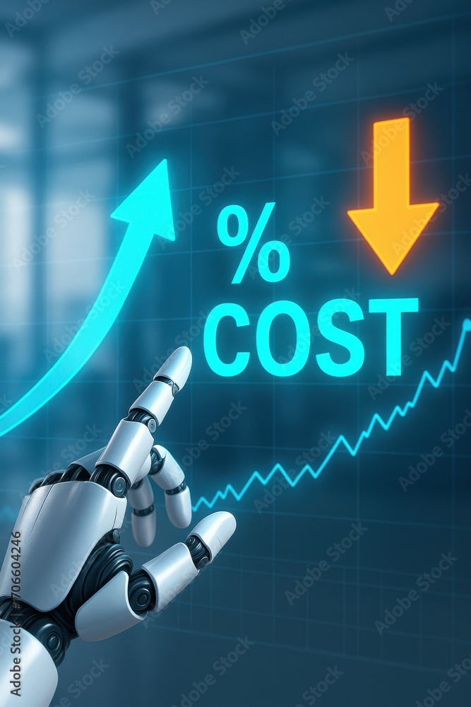 Poster robotic hand pointing to cost reduction and growth graphs in modern digital environment