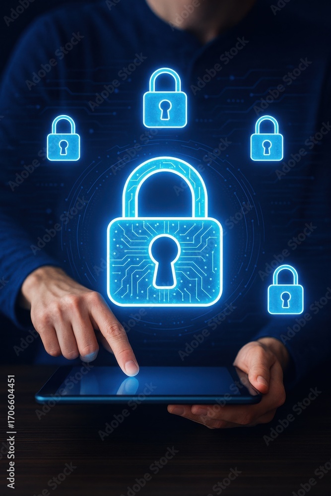 Poster digital security concept with hands on tablet and floating padlocks illustrating cyber protection