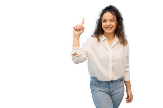 Smiling businesswoman pointing her index finger upwards on a transparent background, showing number one