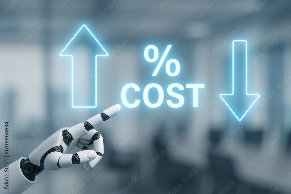 Poster robotic hand pointing at cost increase and decrease symbols in modern office setting
