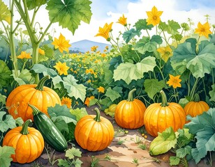Vibrant pumpkin patch, ripe gourds, lush foliage, sunny day