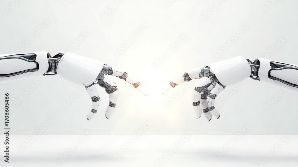 Poster two robotic hands reaching out towards each other, symbolizing connection and innovation in technolo