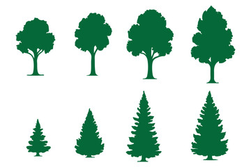 A variant style of tree silhouette vector set. Forest tree icon flat black color illustration. Isolated on a white background.