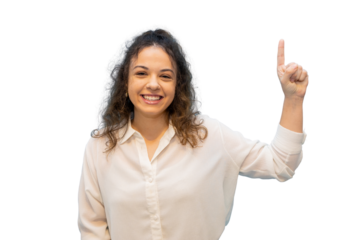 Cheerful businesswoman pointing her index finger upwards suggesting an idea or emphasizing a point on a transparent background