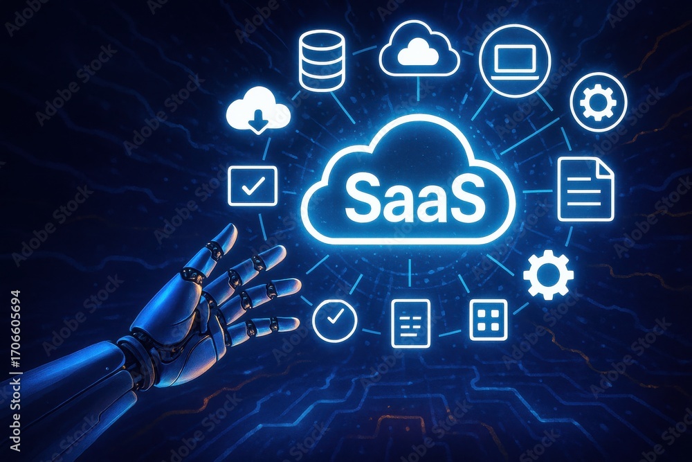 Aufkleber futuristic robotic hand interacting with cloud computing icons and saas concepts in blue light