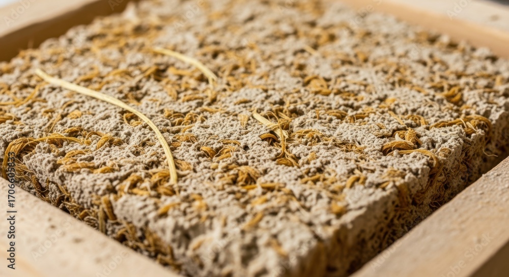 Poster Macro shot of hempcretes fibrous texture embedded with lime binder within wall mold emphasizing natural composite materials for eco‑friendly insulation.