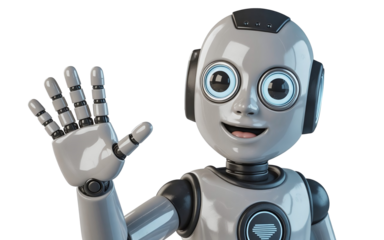 3D render of a happy humanoid robot mascot isolated on transparent png