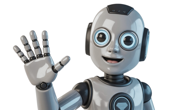 3D render of a happy humanoid robot mascot isolated on transparent png
