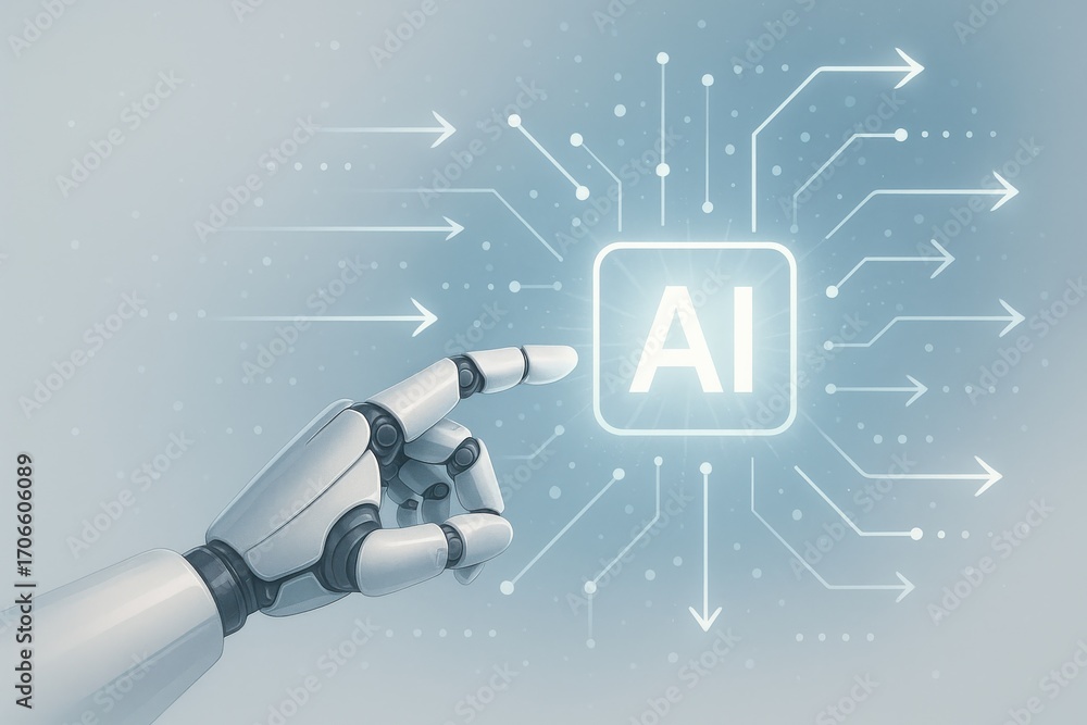 Fototapete futuristic robotic hand pointing at ai technology interface with connecting data lines
