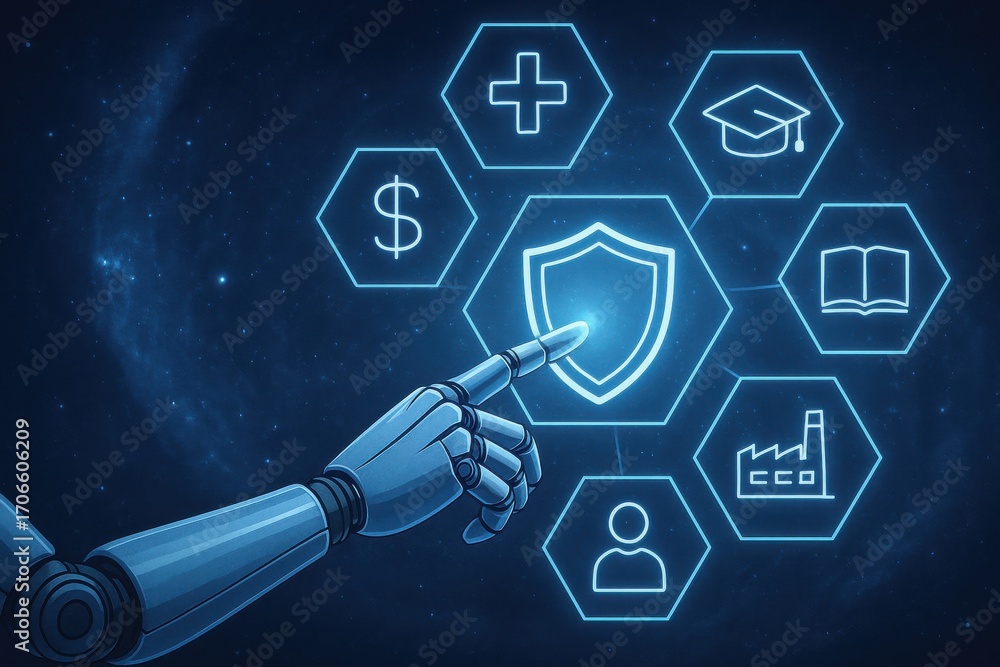 Aufkleber futuristic robot hand interacting with digital interface icons on cosmic background