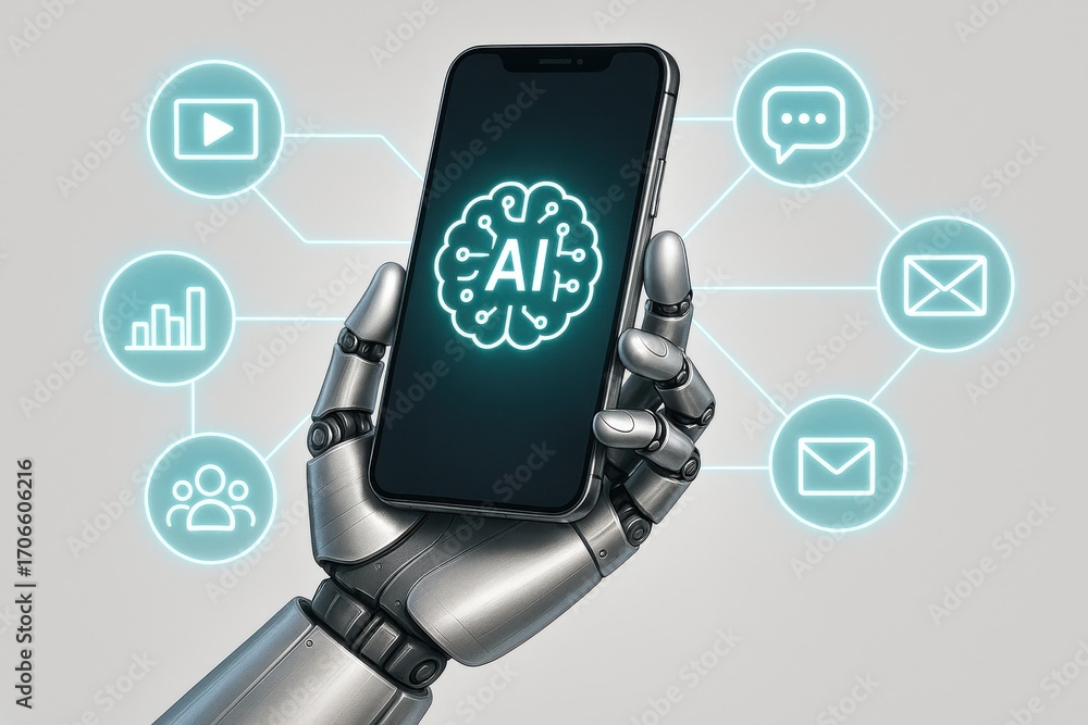 Poster robot hand holding smartphone displaying artificial intelligence concept in modern digital world