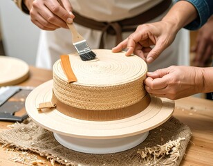 Hands applying finishing touches to a straw hat