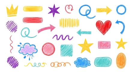 Playful Crayon Chaos: A Top-Down Arrangement of Hand-Drawn Shapes, Lines, and Scribbles in Vibrant Pastels on White - Perfect for Children's Designs and Creative Projects!