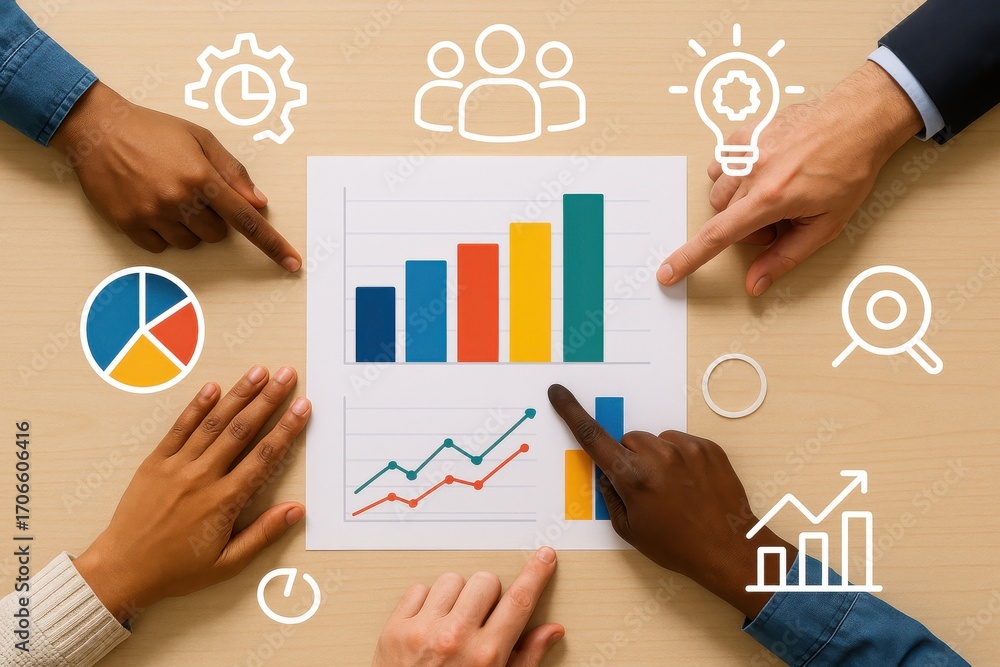 Poster diverse hands pointing at business charts and graphs on table in professional environment
