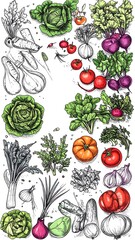 Colorful hand-drawn illustration of various fresh vegetables and herbs