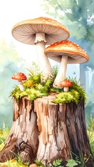 Forest stump with vibrant red and white mushrooms
