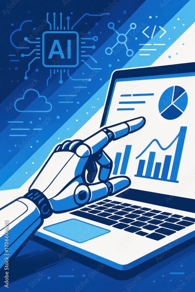 Fototapete futuristic robot hand interacting with data on laptop screen with ai symbols and graphs