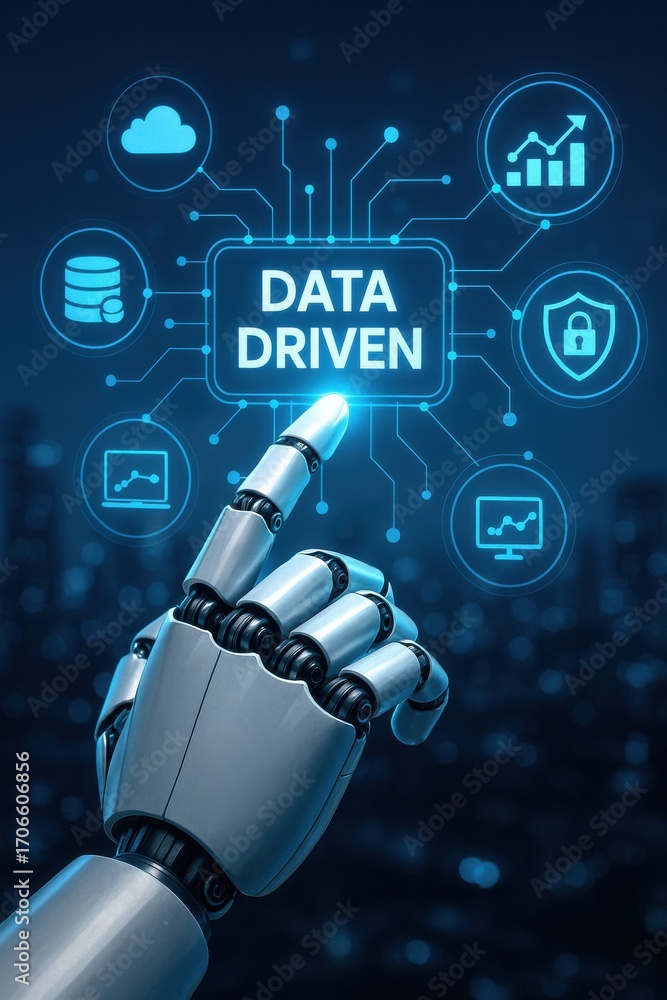 Aufkleber futuristic robotic hand interacting with data symbols and insights on a digital background