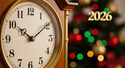Close up of a clock showing almost ten o clock with a christmas tree and the year two thousand twenty six