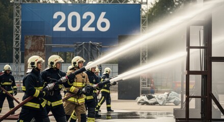 Firefighters spraying water during a demonstration with a banner displaying the year two thousand twenty six