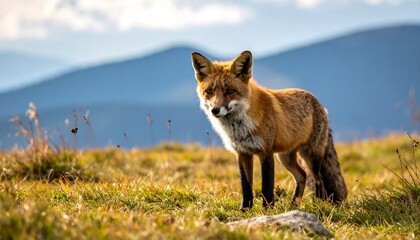 Red fox on a grassy mountaintop
