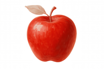 Painting representing a red apple with leaf and stem, isolated on transparent background, ideal for healthy eating and educational projects