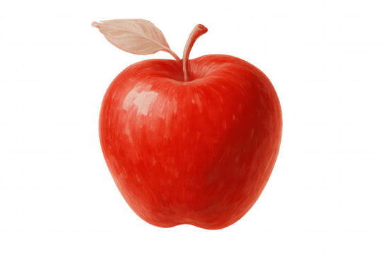 Painting representing a red apple with leaf and stem, isolated on transparent background, ideal for healthy eating and educational projects