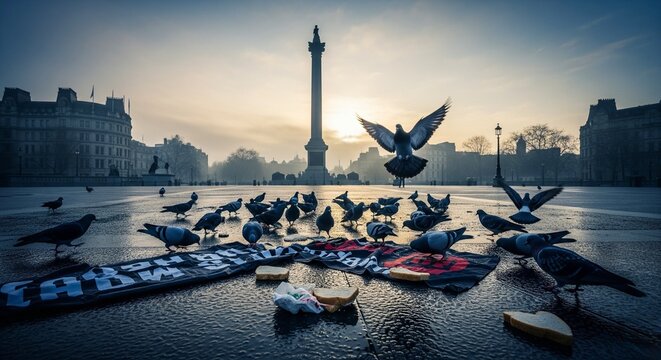 A wide-angle, low-angle shot of a flock of pigeons gathered around bread on the wet pavement of Trafalgar Square with Nelson's Column in the background.