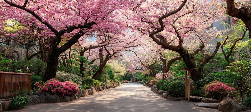 Beautiful cherry blossom trees in full bloom spring season scenic landscape nature park japan travel destination