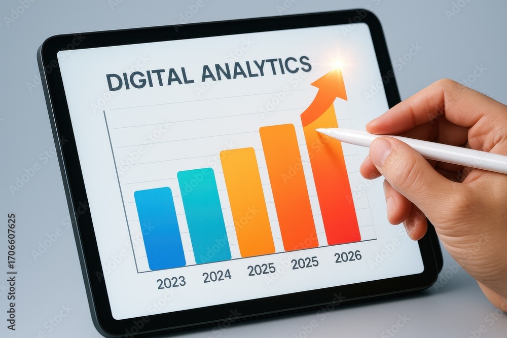 Poster hand holding stylus over tablet displaying digital analytics growth chart for future insights