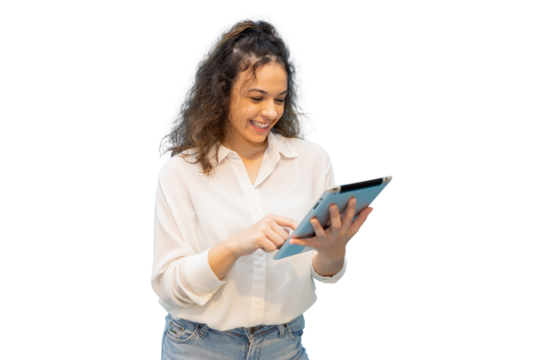 Smiling businesswoman working on transparent tablet, showcasing modern digital lifestyle with professional wireless technology - Powered by Adobe