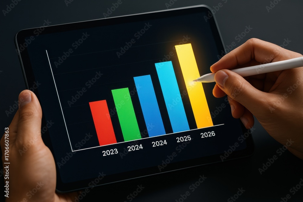 Poster digital tablet displaying colorful growth chart with hand holding stylus pen on dark background